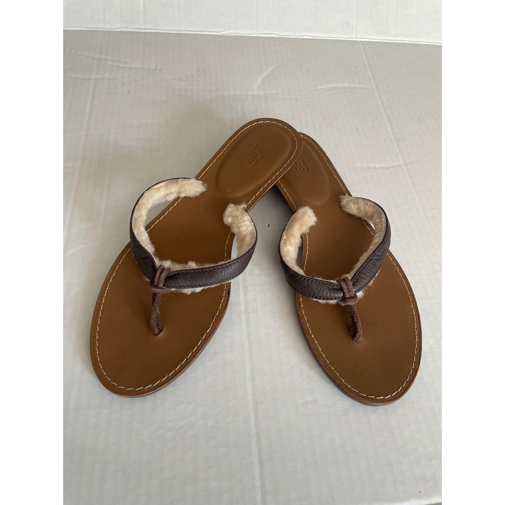 UGG Australia Homoa Brown Leather Shearling Lined Wedge Thong Sandals Size 7